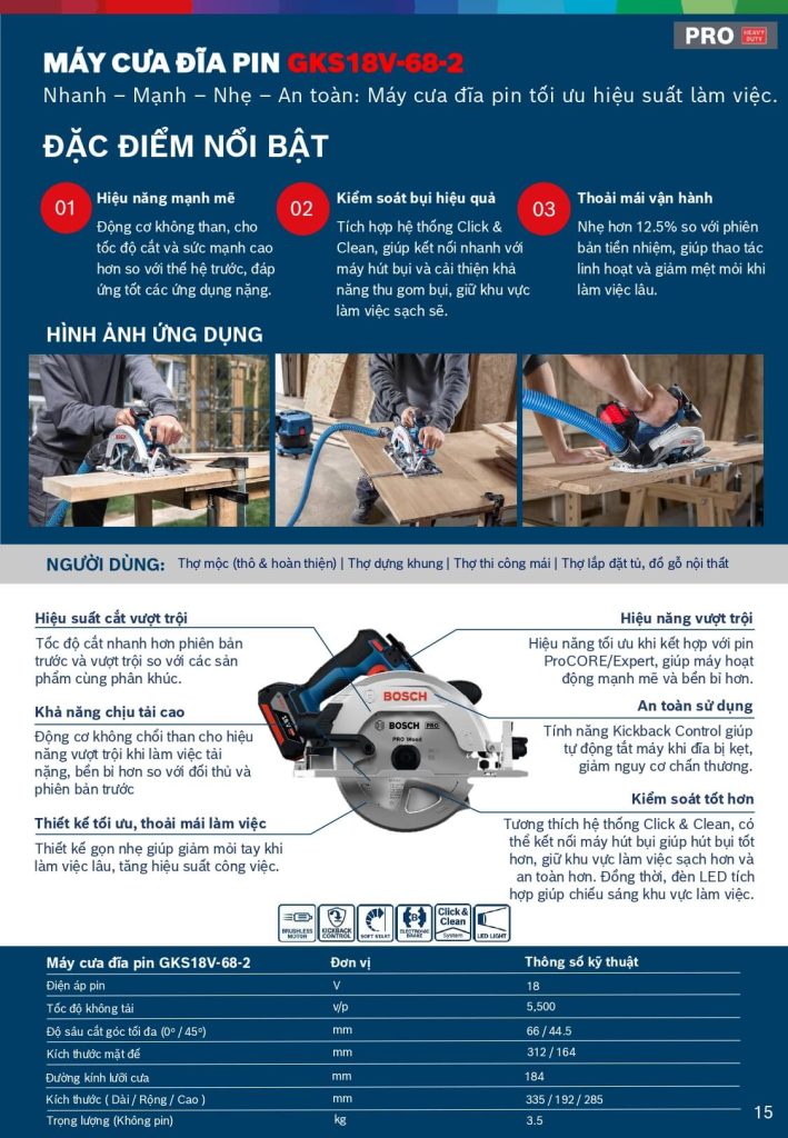 Máy cưa đĩa dùng pin 18V Bosch GKS 18V-68-2
