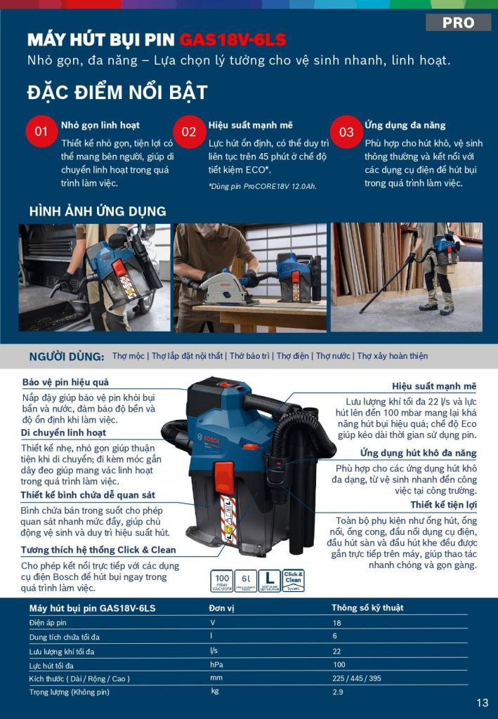 Máy hút bụi dùng pin 18V Bosch GAS 18V-6 LS 